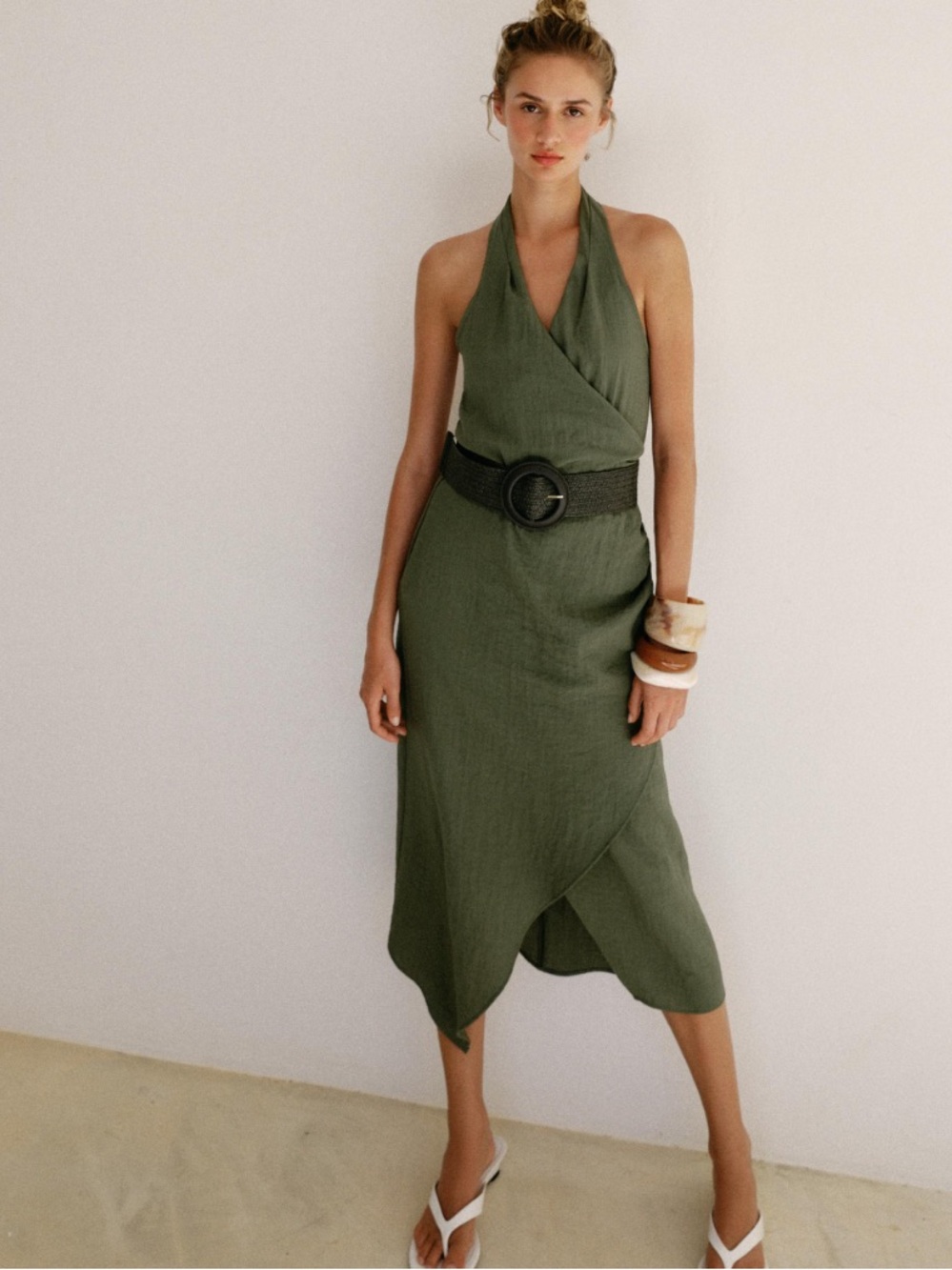 Zara Olive Green Halter Wrap Midi Dress with Belt